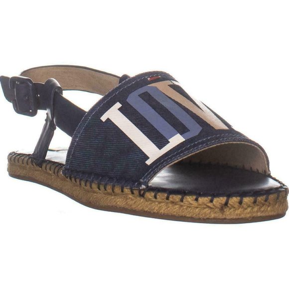 Brand New Ellen Degeneres denim “LOVE” flat slingback Sandals - Picture 1 of 6